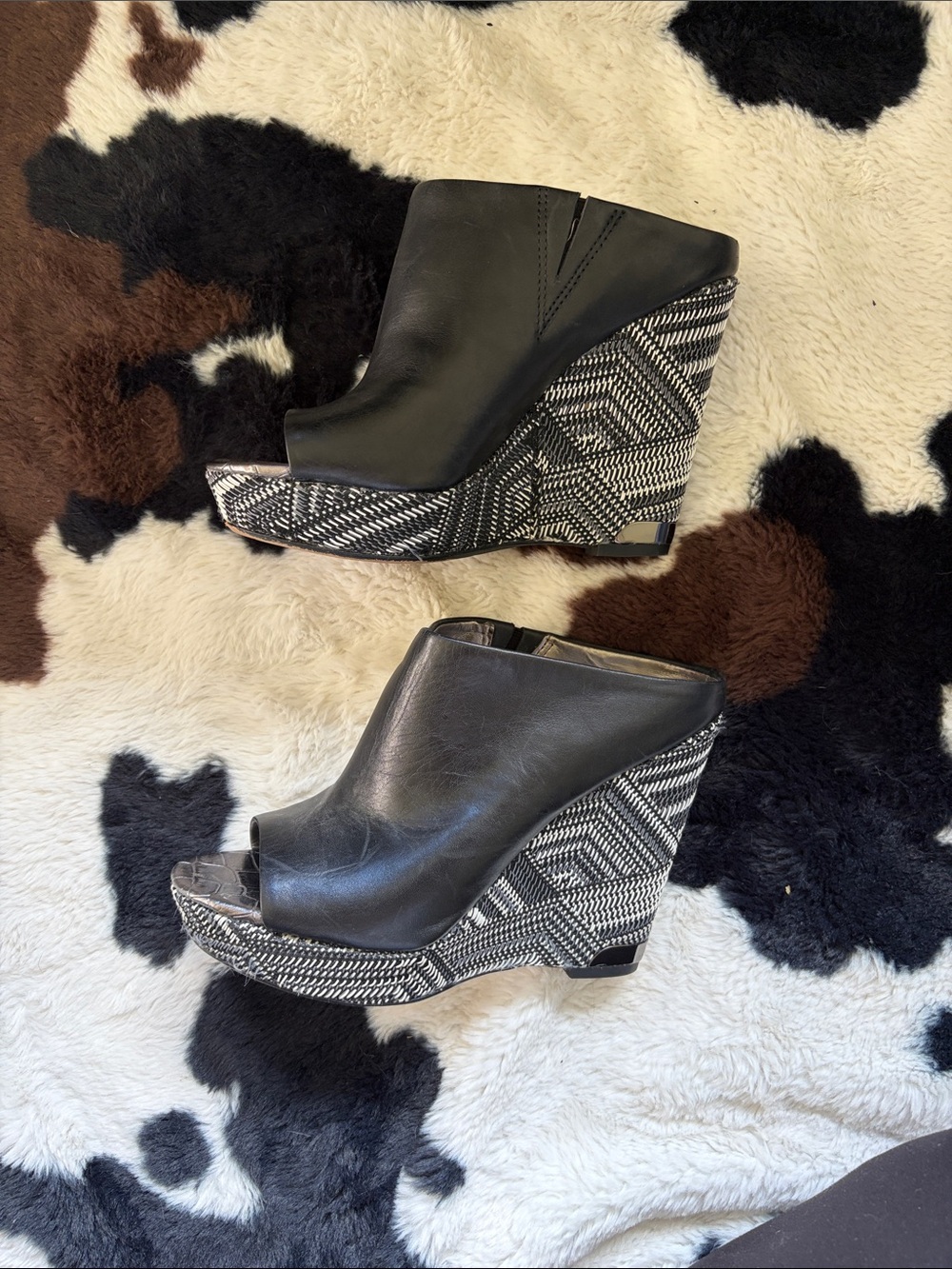 Sam Edelman Black Leather Peep-Toe Wedge Mules with Patterned Platform